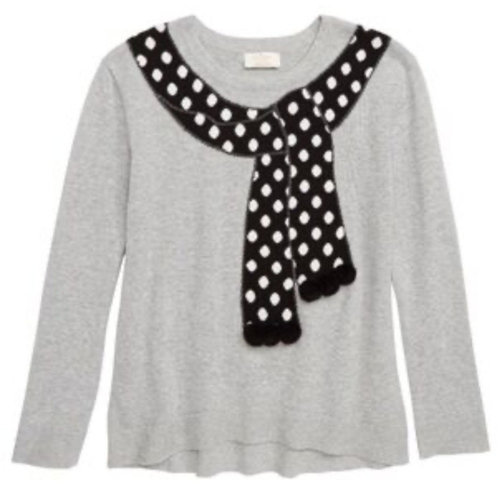 Kate Spade Girls Gray Trompe‎ L'oeil Scarf Polka Dot Pom Pom Sweater Size 10